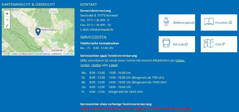 Unterer Teil der Seite mit Karte, Adresse, Öffnungszeiten und weitere Links